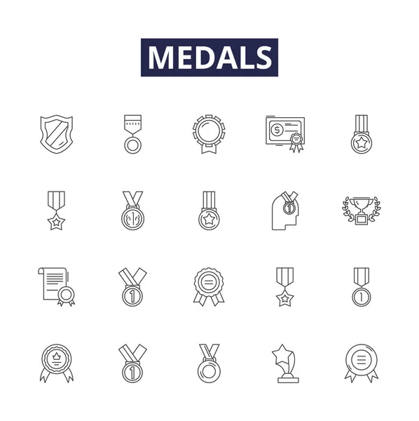 Medallas Línea Vectorial Iconos Signos Premio Insignia Trofeo Encomienda Honor — Vector de stock