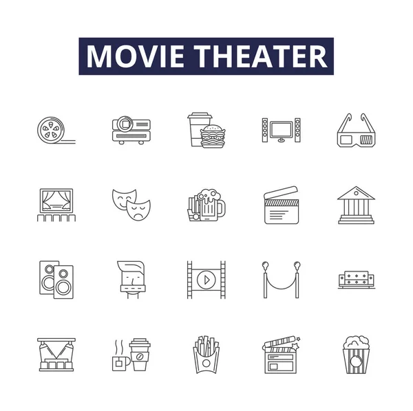 Movie Theater Line Vector Icons Signs Theater Showroom Auditorium Picture — Stock Vector