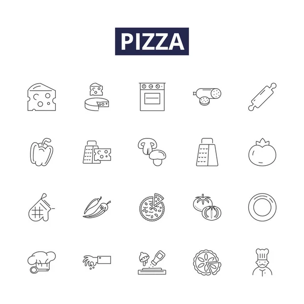 Pizza Linie Vektorové Ikony Značky Sýr Krusta Polevy Omáčka Plátek — Stockový vektor