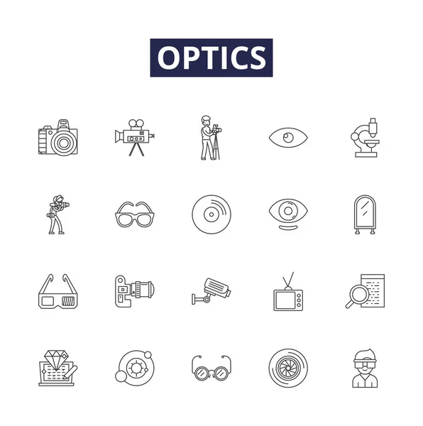 Icônes Signes Vectoriels Ligne Optique Lumière Réflexion Réfraction Prisme Lunettes — Image vectorielle
