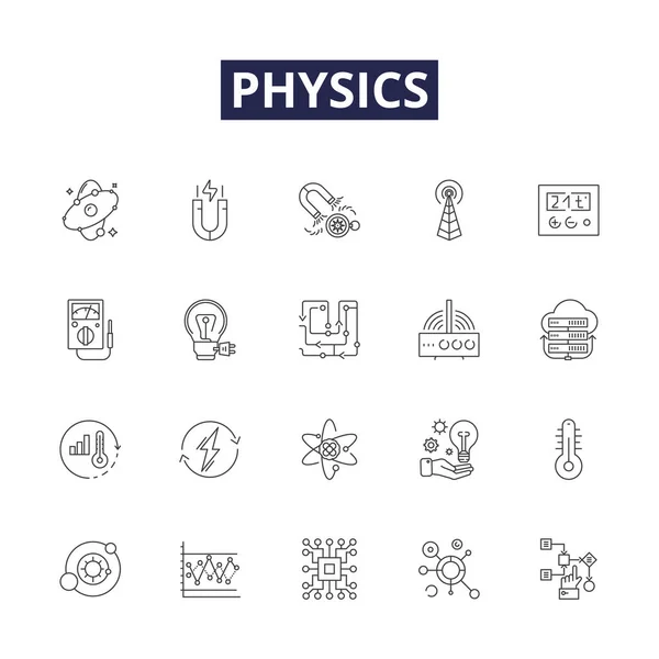 Física Línea Vectorial Iconos Signos Fuerza Energía Masa Ondas Partículas — Vector de stock