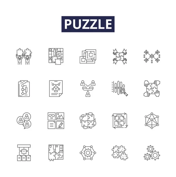 Puzzle Line Vector Icons Signs Brainteaser Jigsaw Game Search Conundrum — Stock Vector