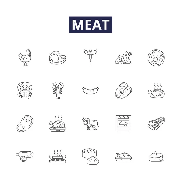 Meat Line Vector Icons Signs Meat Food Raw Steak Fillet — Stock Vector