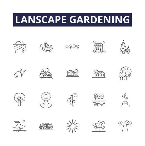 Lanscape Gardening Line Vector Icons Signs Gardening Plants Shrubs Trees — Stock Vector