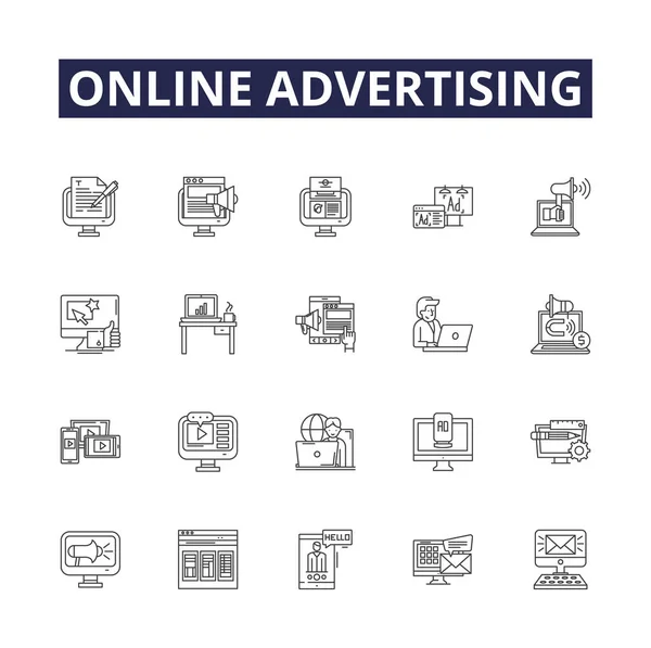オンライン広告ラインベクトルのアイコンや看板 デジタル マーケティング ターゲット ウェブ キャンペーンベクトルアウトラインイラストセット — ストックベクタ