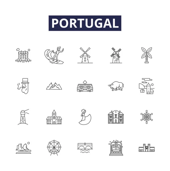 Portugal Línea Vector Iconos Signos Portugués Viajes Europa Turismo Ciudad — Vector de stock