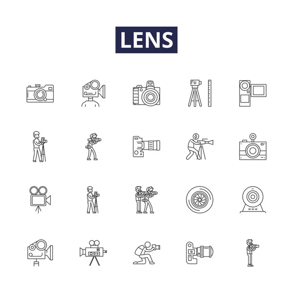Lens Line Vector Icons Signs Optics Convex Concave Focus Photographic — Stock Vector