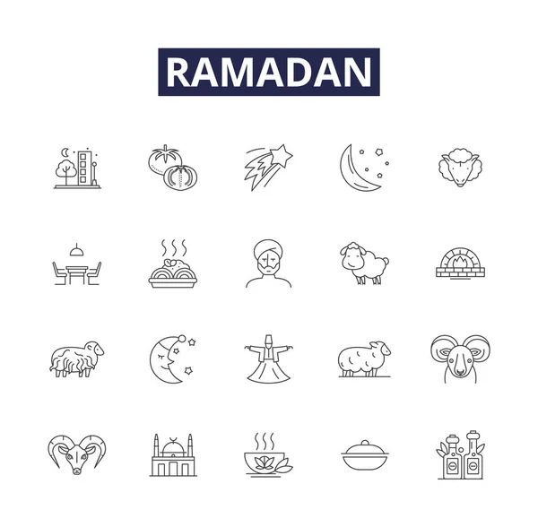 Ramadán Línea Vectorial Iconos Signos Ayuno Islam Oración Mes Corán — Vector de stock