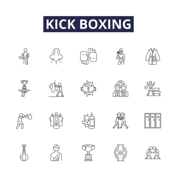 Kick Box Line Vektor Icons Und Zeichen Pummeling Striking Punching — Stockvektor