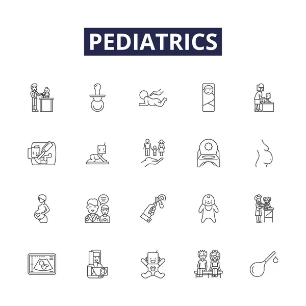 Pädiatrie Liniert Vektor Symbole Und Zeichen Säugling Säugling Kleinkind Kinder — Stockvektor