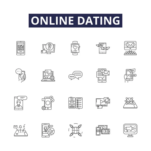 Online Dating Line Vector Icons Signs Online Matchmaking Singles Romance — Stock Vector