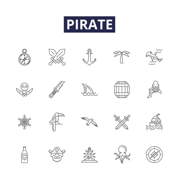 Ikony Znaki Wektora Linii Piratów Rabin Buccaneer Marynarz Grabież Scallywag — Wektor stockowy