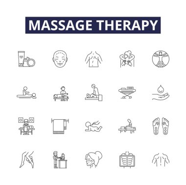 Masaj terapisi çizgisi vektör simgeleri ve işaretleri. Terapi, Rahatlama, Rahatlatıcı, Stres Rahatlatıcı, Kas, Doku, İsveççe, Shiatsu vektör çizimi