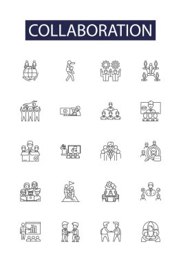 İşbirliği çizgisi vektör simgeleri ve işaretleri. Sinerji, Ortaklık, Ortak çaba, Birleşme, İttifak, Takım, Ağ, Yoldaşlık vektör özeti çizimi