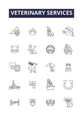 Veterinary services line vector icons and signs. Veterinary, Care, Clinic, Services, Treatments, Wellness, Surgery, Emergency vector outline illustration set clipart