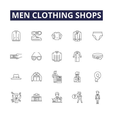 Erkekler giyim mağazaları vektör simgeleri ve tabelalar. Giyim, Giyim, Erkek giyim, Moda, Giysi, Takım Elbise, Pantolon, Gömlek taslak çizimi