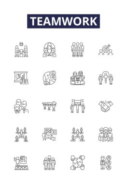 Takım çalışması çizgisi vektör simgeleri ve işaretleri. İşbirliği, Birlik, Sinerji, Ally, Bond, Uyum, Ortaklık, Birlik vektör ana hatları çizimi