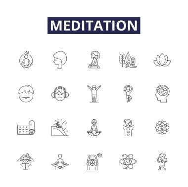Meditasyon çizgisi vektör simgeleri ve işaretleri. Nefes alma, Odaklanma, Konsantrasyon, Durgunluk, Farkındalık, Düşünce, Rehberlik, İlahi vektör çizimi