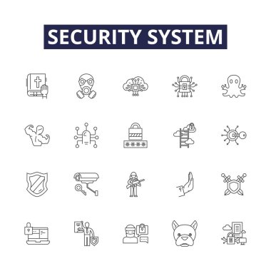 Güvenlik sistemi çizgisi vektör simgeleri ve işaretleri. Koru, Gözetleme, İzleme, Koruma, Güvenlik, Güvenlik, Alarm, Savunma, Şifreleme vektörü çizimi