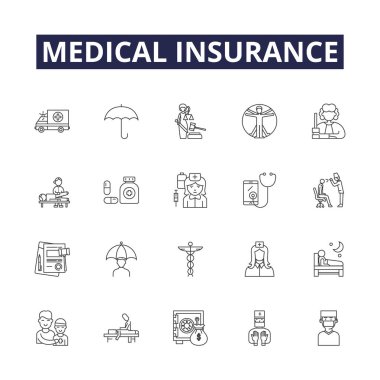 Medical insurance line vector icons and signs. Coverage, Plan, Protection, Premium, Insured, Coverage, Benefit, Medicare vector outline illustration set clipart