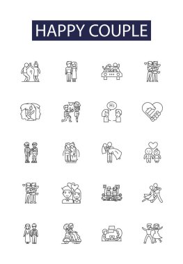 Mutlu çift çizgi vektör simgeleri ve işaretleri. Neşeli, memnun, evli, heyecanlı, abayı yakmış, ışıldayan, sevinçli, birleşik vektör çizimi