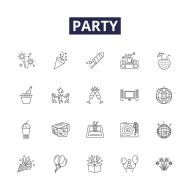 Parti hattı vektör simgeleri ve işaretleri. Eğlence, Dışarı Çıkma, Sosyalleşme, Ziyafet, Eğlence, Dans, Yemek, Toplanma vektör çizelgesi çizimi