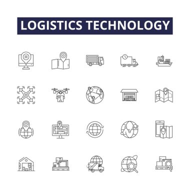 Logistics technology line vector icons and signs. Technology, Tracking, Automation, Delivery, Warehousing, Monitoring, Systems, Network vector outline illustration set clipart