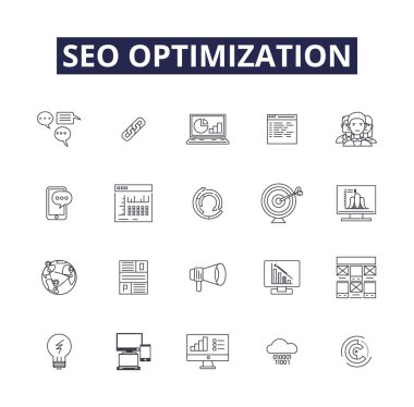 Seo optimizasyon çizgisi vektör simgeleri ve işaretleri. seo, internet, websitesi, pazarlama, arama, web, iş, motor vektör özeti çizimi