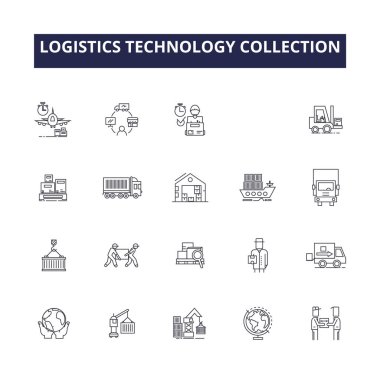 Lojistik teknoloji koleksiyonu vektör çizgisi simgeleri ve işaretleri. teknoloji, set, iş, ulaşım, koleksiyon, daire, dağıtım, sembol vektör çizelgesi çizimi