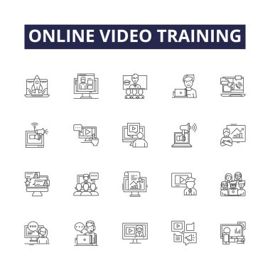 Çevrimiçi video eğitim hattı vektör simgeleri ve işaretleri. Çevrimiçi eğitim, Yayın, Öğretim, Öğretim videoları, Webinars, eLearning, Video konferansı, Nasıl Yapılır çizim seti