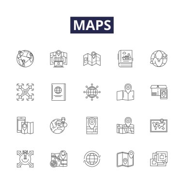 Harita çizgisi vektör simgeleri ve işaretleri. Harita, Anket, Atlas, Topografi, Pusula, Navigasyon, Yönler, Apronautical vektör çizim çizimi