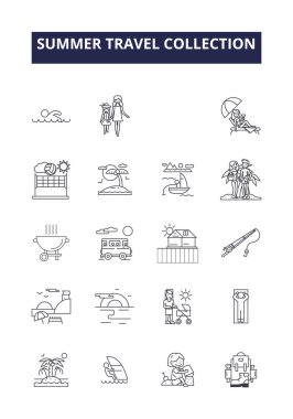 Yaz yolculuğu koleksiyon çizgisi vektör simgeleri ve tabelaları. yaz, vektör, tatil, koleksiyon, tasarım, illüstrasyon, sahil, vektör ana hatlarını belirle