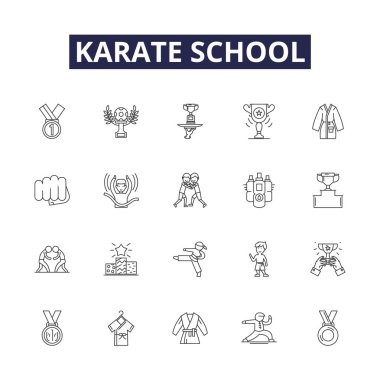 Karate okulu çizgisi vektör simgeleri ve işaretleri. Okul, Dojo, Dövüş Sanatları, Eğitim, Eğitmen, Program, Sınıflar vektör çizimi