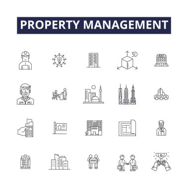 Özellik yönetimi çizgisi vektör simgeleri ve işaretleri. Yönetim, Kira, Ev Sahibi, Kiracı, Kiracı, Emlak, Ev Sahibi, Bakım Vektör Özeti Çizimi