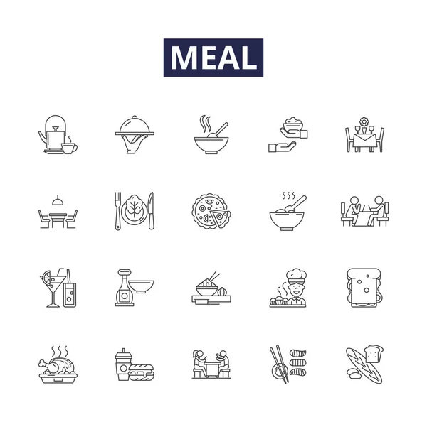 Comida Línea Vectorial Iconos Signos Receta Desayuno Almuerzo Cena Cocina — Vector de stock