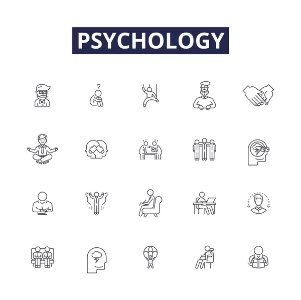 Psicología Línea Vectorial Iconos Signos Mente Comportamiento Cerebro Cognitivo Psicoanálisis — Vector de stock