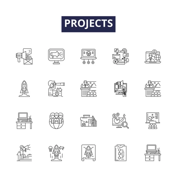 Projekty Ikon Wektorowych Linii Znaków Wdrożenie Tworzenie Zarządzanie Wykonywanie Projektowanie — Wektor stockowy