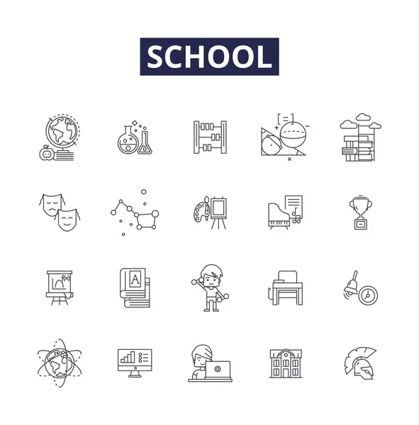 Ikony Znaki Wektorowe Linii Szkolnej Edukacja Nauczyciel Nauka Podręcznik Stopień — Wektor stockowy