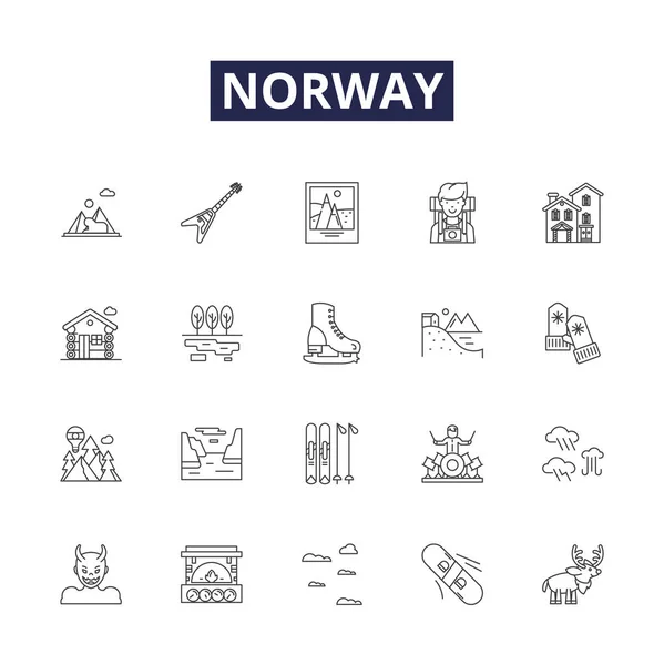 Norway Line Vector Icons Signs Travel Scandinavia Mountain Sea Fjord — Stock Vector