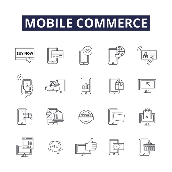 Mobilní Obchodní Linie Vektorové Ikony Značky Commerce Mobilní Nakupování Platba — Stockový vektor