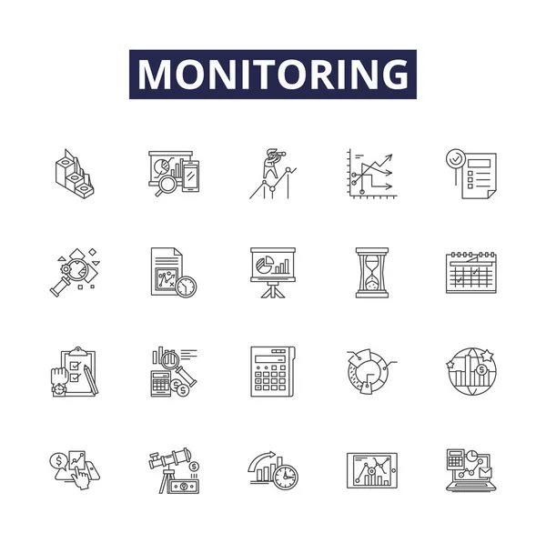 Monitoring Line Vector Icons Signs Observation Tracking Scrutiny Scanning Recording — Stock Vector