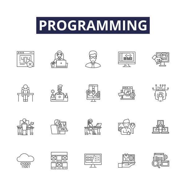 Programming Line Vector Icons Signs Scripting Compiling Algorithm Debugging Structuring — Stock Vector
