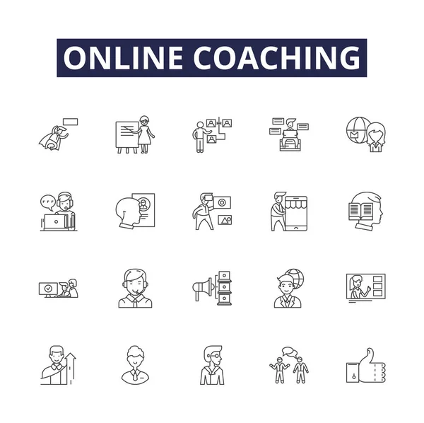 Online Coaching Lijn Vector Pictogrammen Borden Coaching Learning Tutoring Mentoring — Stockvector