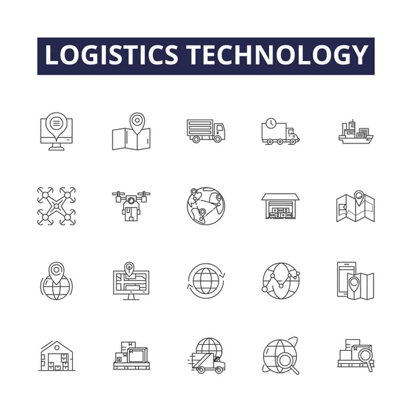 Logística Tecnología Línea Vectorial Iconos Signos Tecnología Seguimiento Automatización Entrega — Vector de stock