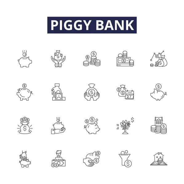 Piggy Bank Lijn Vector Pictogrammen Tekens Bank Spaargeld Munt Container — Stockvector