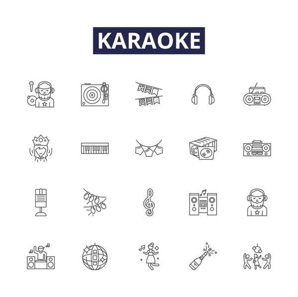 Karaoke Linienvektorsymbole Und Zeichen Musik Mikrofon Lyrik Sänger Karaoke Volumen — Stockvektor