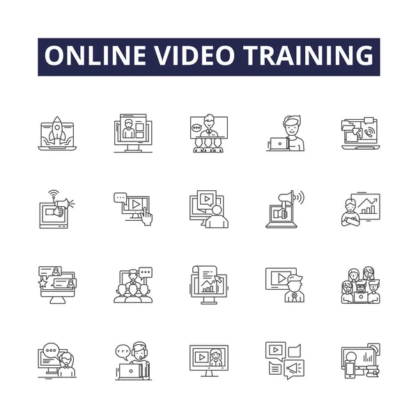 Videoträning Linje Vektor Ikoner Och Skyltar Onlineträning Streaming Handledning Instruktionsvideor — Stock vektor