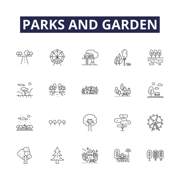 Parklar Bahçe Çizgisi Vektör Simgeleri Tabelaları Bahçeler Yeşil Botanik Doğa — Stok Vektör