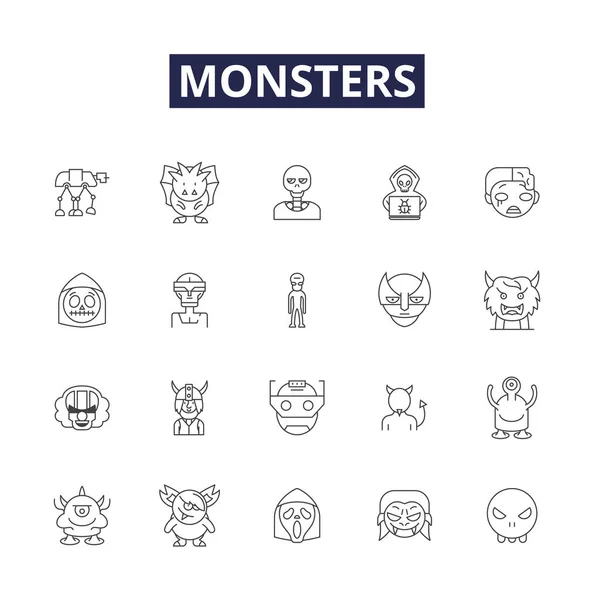 Monsters Lijn Vector Pictogrammen Tekens Lizardmen Ghouls Cyclopen Ogres Bogeymen — Stockvector