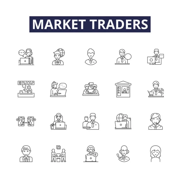 市场交易者排列矢量图标和符号 零售商 经销商 — 图库矢量图片